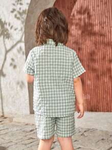 SHEIN 小男童格子圖案前紐扣襯衫和短褲 - 彩色 - 查看 5
