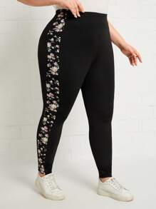 EMERY ROSE Plus Floral Print Side Seam Leggings - Black - View 5