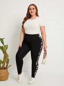 EMERY ROSE Plus Floral Print Side Seam Leggings - Black - View 6