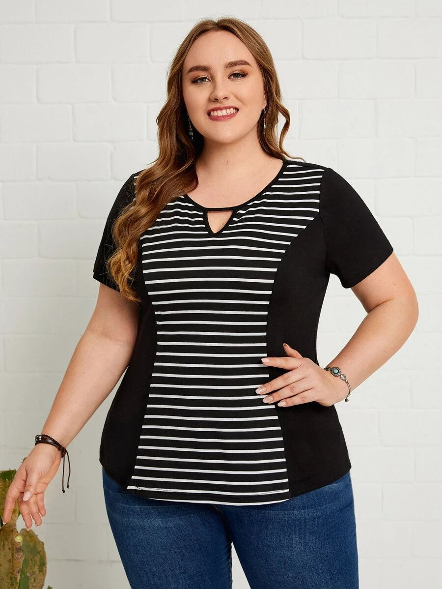 EMERY ROSE 夏季加大条纹锁孔领 T 恤 - 黑與白 - 查看 1