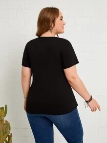 EMERY ROSE 夏季加大条纹锁孔领 T 恤 - 黑與白 - 查看 2