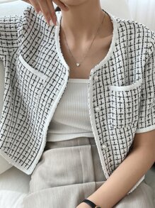 DAZY 格紋印花口袋拼接上衣 - 黑與白 - 查看 4