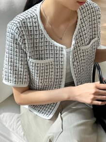 DAZY 格紋印花口袋拼接上衣 - 黑與白 - 查看 5