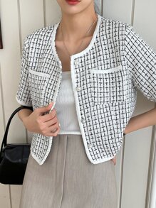 DAZY 格紋印花口袋拼接上衣 - 黑與白 - 查看 7