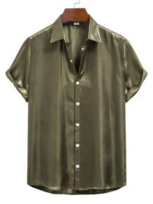 Manfinity Men High Low Hem Satin Shirt - Army Green - View 1