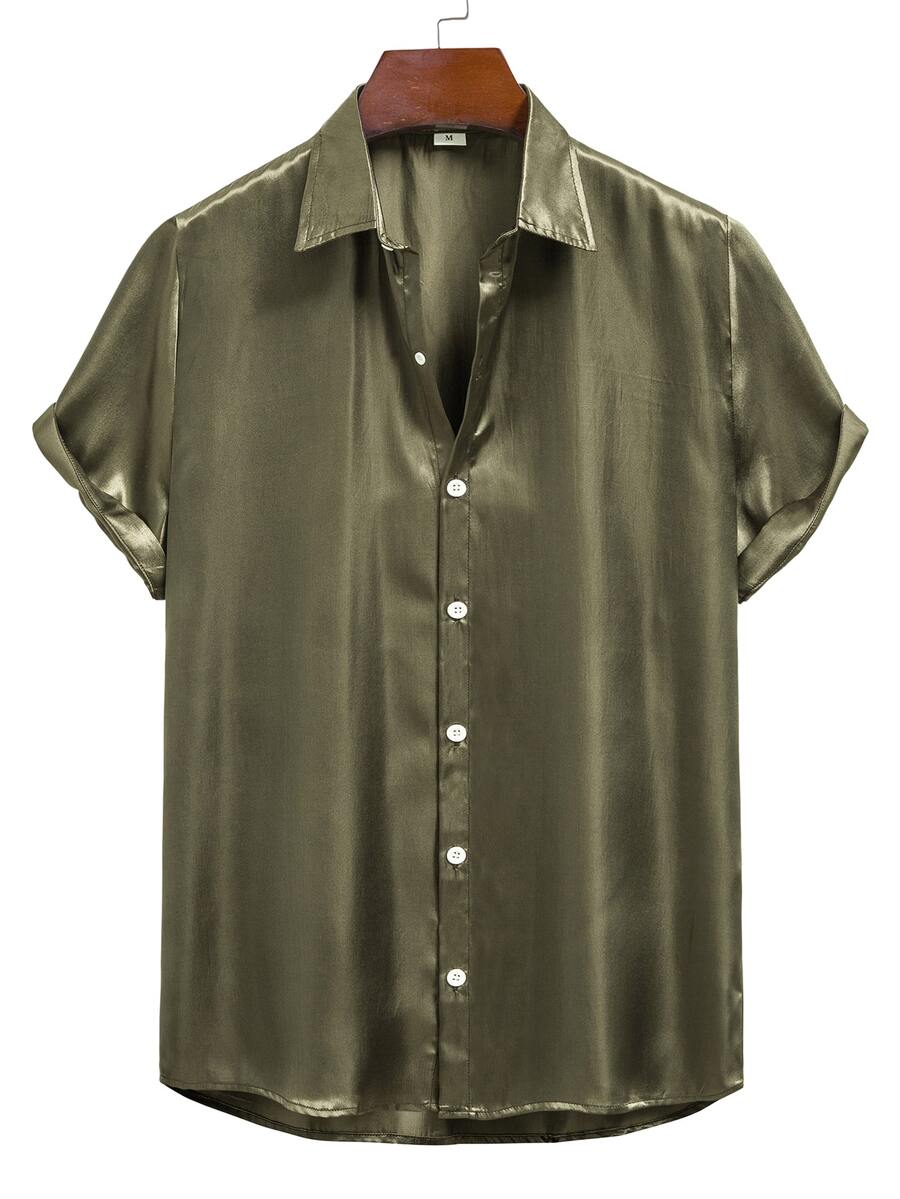 Manfinity Men High Low Hem Satin Shirt - Army Green - View 1