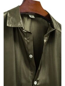Manfinity Men High Low Hem Satin Shirt - Army Green - View 5