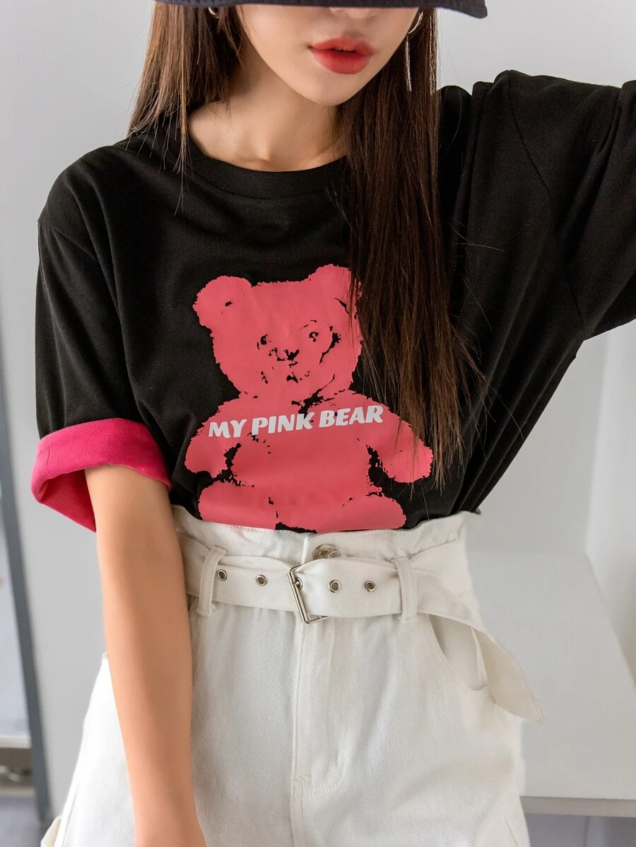 DAZY Đồ họa chữ cái & Gấu Tay áo tương phản Áo thun Thả vai - màu đen - Xem 1
