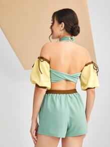 Barely Naked Designs Colourblock Knot Puff Sleeve Twist Back Halter Neck Top & Shorts - Multicolor - View 2