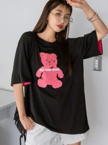 DAZY Đồ họa chữ cái & Gấu Tay áo tương phản Áo thun Thả vai - màu đen - Xem 2