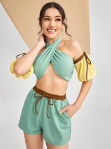 Barely Naked Designs Colourblock Knot Puff Sleeve Twist Back Halter Neck Top & Shorts - Multicolor - View 3