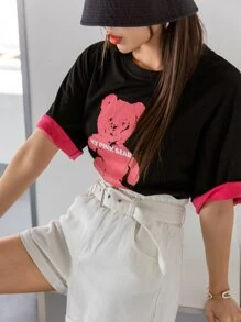 DAZY Đồ họa chữ cái & Gấu Tay áo tương phản Áo thun Thả vai - màu đen - Xem 3