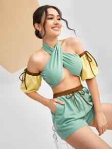 Barely Naked Designs Colourblock Knot Puff Sleeve Twist Back Halter Neck Top & Shorts - Multicolor - View 5