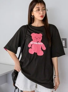 DAZY Đồ họa chữ cái & Gấu Tay áo tương phản Áo thun Thả vai - màu đen - Xem 4