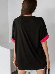 DAZY Đồ họa chữ cái & Gấu Tay áo tương phản Áo thun Thả vai - màu đen - Xem 5