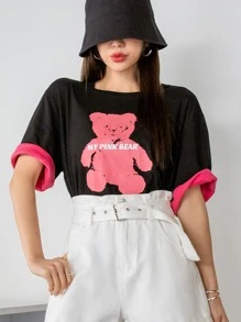 DAZY Đồ họa chữ cái & Gấu Tay áo tương phản Áo thun Thả vai - màu đen - Xem 6