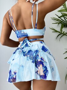 3packs Marble Print Bikini & Ruffle Trim Beach Skirt, For Summer Vacation - Baby Blue - View 2