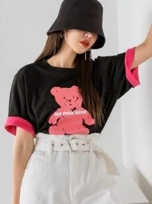DAZY Đồ họa chữ cái & Gấu Tay áo tương phản Áo thun Thả vai - màu đen - Xem 8
