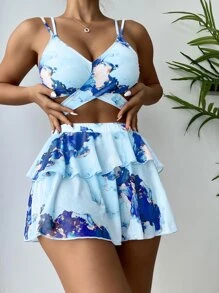 3packs Marble Print Bikini & Ruffle Trim Beach Skirt, For Summer Vacation - Baby Blue - View 3