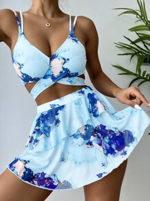 3packs Marble Print Bikini & Ruffle Trim Beach Skirt, For Summer Vacation - Baby Blue - View 4