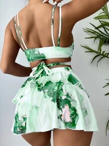 Marble Print Tie Back Layered Hem Bikini Set, For Summer Beach Vacation - Mint Green - View 2