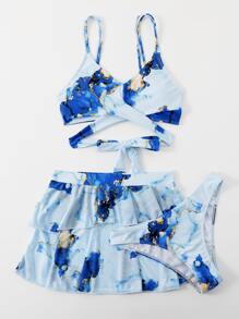 3packs Marble Print Bikini & Ruffle Trim Beach Skirt, For Summer Vacation - Baby Blue - View 5
