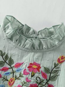 SHEIN Young Girl Floral Embroidery Swiss Dot Ruffle Trim Dress