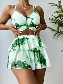 Marble Print Tie Back Layered Hem Bikini Set, For Summer Beach Vacation - Mint Green - View 4