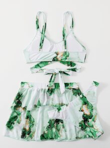 Marble Print Tie Back Layered Hem Bikini Set, For Summer Beach Vacation - Mint Green - View 6
