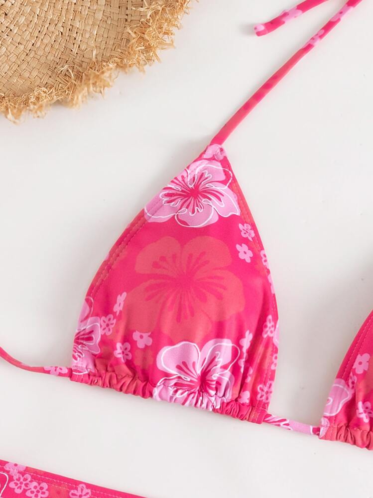 SHEIN Swim Summer Beach Floral Print Bikini Set Halter Triangle Bra Top & Bikini Bottom & Beach Skirt 3 Piece Bathing Suit - Pink - View 5