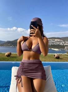 4入組打結式露脯三角比基尼＋沙灘裙＋三角巾 - 淡紫色 - 查看 1