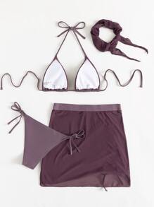4入組打結式露脯三角比基尼＋沙灘裙＋三角巾 - 淡紫色 - 查看 2