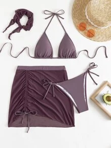 4入組打結式露脯三角比基尼＋沙灘裙＋三角巾 - 淡紫色 - 查看 6