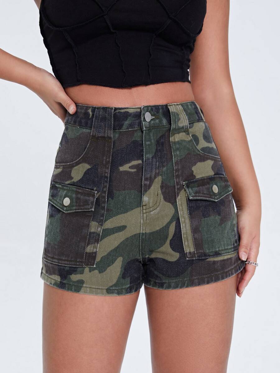 Quần short denim nữ Nút Túi Dây kéo Ngụy trang - Nhiều màu - Xem 1