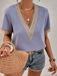 SHEIN LUNE Contrast Guipure Lace Blouse - Mauve Purple - View 4