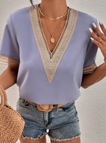 SHEIN LUNE Contrast Guipure Lace Blouse - Mauve Purple - View 5