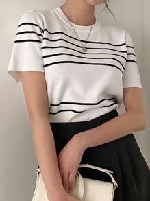 DAZY 條紋紋織上衣 - 黑與白 - 查看 6