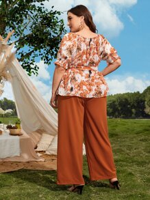 SHEIN VCAY 大碼印花打褶腰帶上衣和闊腿褲 - 彩色 - 查看 2