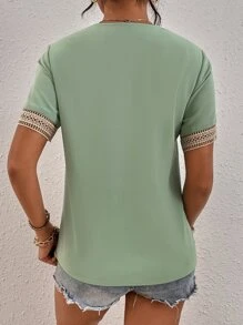 SHEIN Clasi Contrast Guipure Lace Blouse - Mint Green - View 2