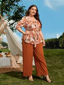 SHEIN VCAY 大碼印花打褶腰帶上衣和闊腿褲 - 彩色 - 查看 1