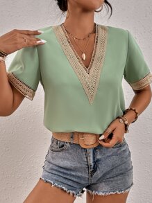 SHEIN Clasi Contrast Guipure Lace Blouse - Mint Green - View 5