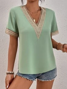 SHEIN Clasi Contrast Guipure Lace Blouse - Mint Green - View 6