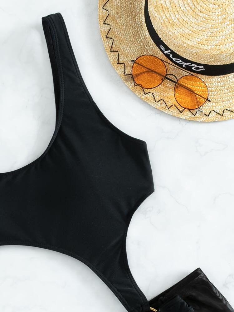 Summer Beach Cut Out O-Ring One Piece Swimsuit & Beach Skirt Black Two Pieces Settenue Sexy