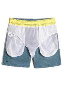 Manfinity Hombres Shorts de natación con estampado con parche de letra - Neblina azul - Ver 3