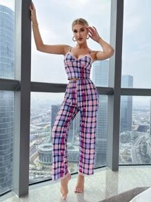con estampado de cuadros ribete con encaje Top de tirantes con pantalones Conjunto de pijama - Multicolor - Ver 4