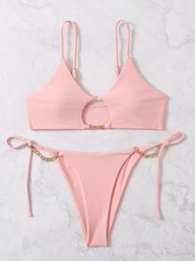 Chain Detail Cut Out Knot Side Thong Bikini, For Summer Beach Vacation - Baby Pink - View 5