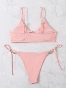 Chain Detail Cut Out Knot Side Thong Bikini, For Summer Beach Vacation - Baby Pink - View 2