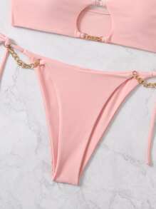 Chain Detail Cut Out Knot Side Thong Bikini, For Summer Beach Vacation - Baby Pink - View 3