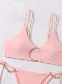 Chain Detail Cut Out Knot Side Thong Bikini, For Summer Beach Vacation - Baby Pink - View 4