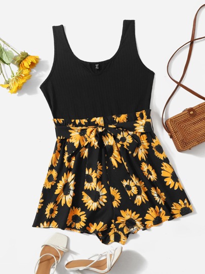 Plus Sunflower Print Belted Romper